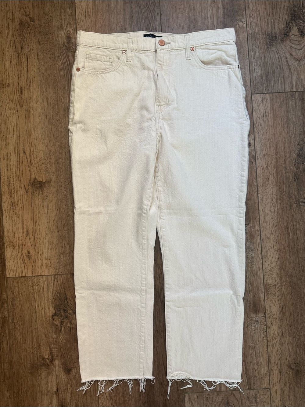 Banana Republic Women's High-Rise Straight Jeans, Off White, Frayed Hem, Size 32